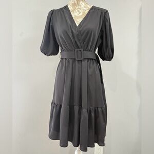 Chic Black Belted Midi Dress